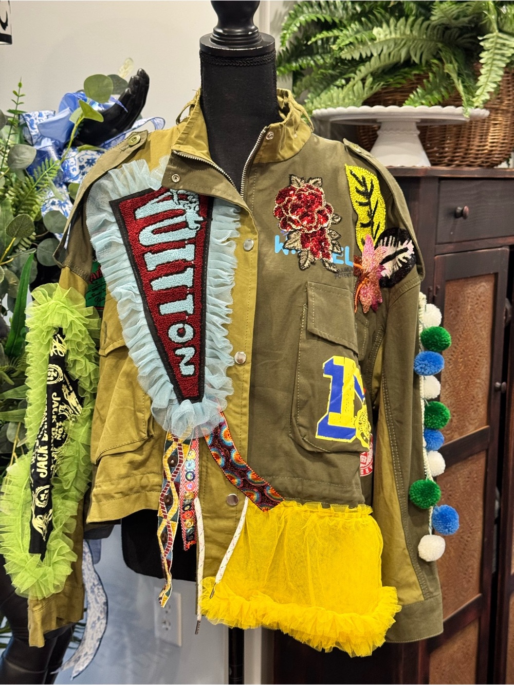 Embellished Olive Military Jacket with Mixed Appliqués